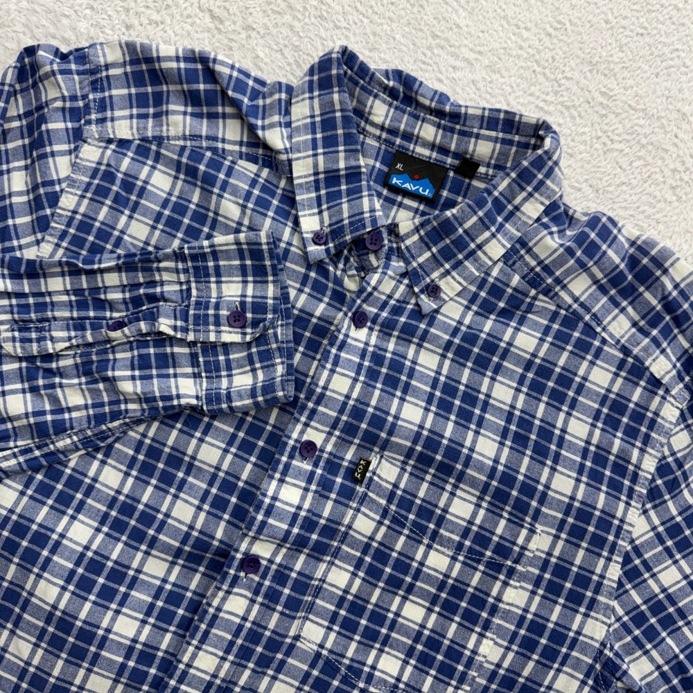 Kavu Mens XL Blue White Plaid Cotton Button‎ Down Long Sleeve Shirt Outdoor Gorp